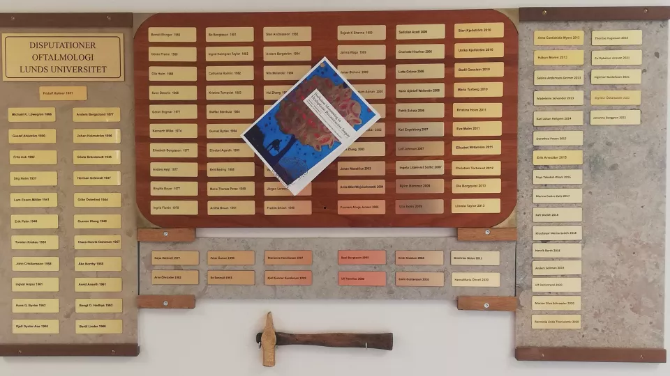 PhD plaques at Dept. of Ophthalmology. Photo.